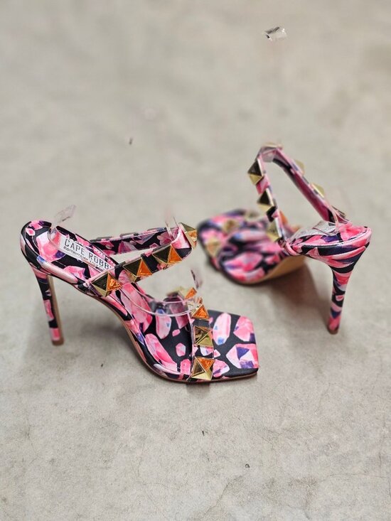 Shoes - Pink & Gold Studded High Heel Sandals With Floral Pattern Open Toe Stiletto Heel